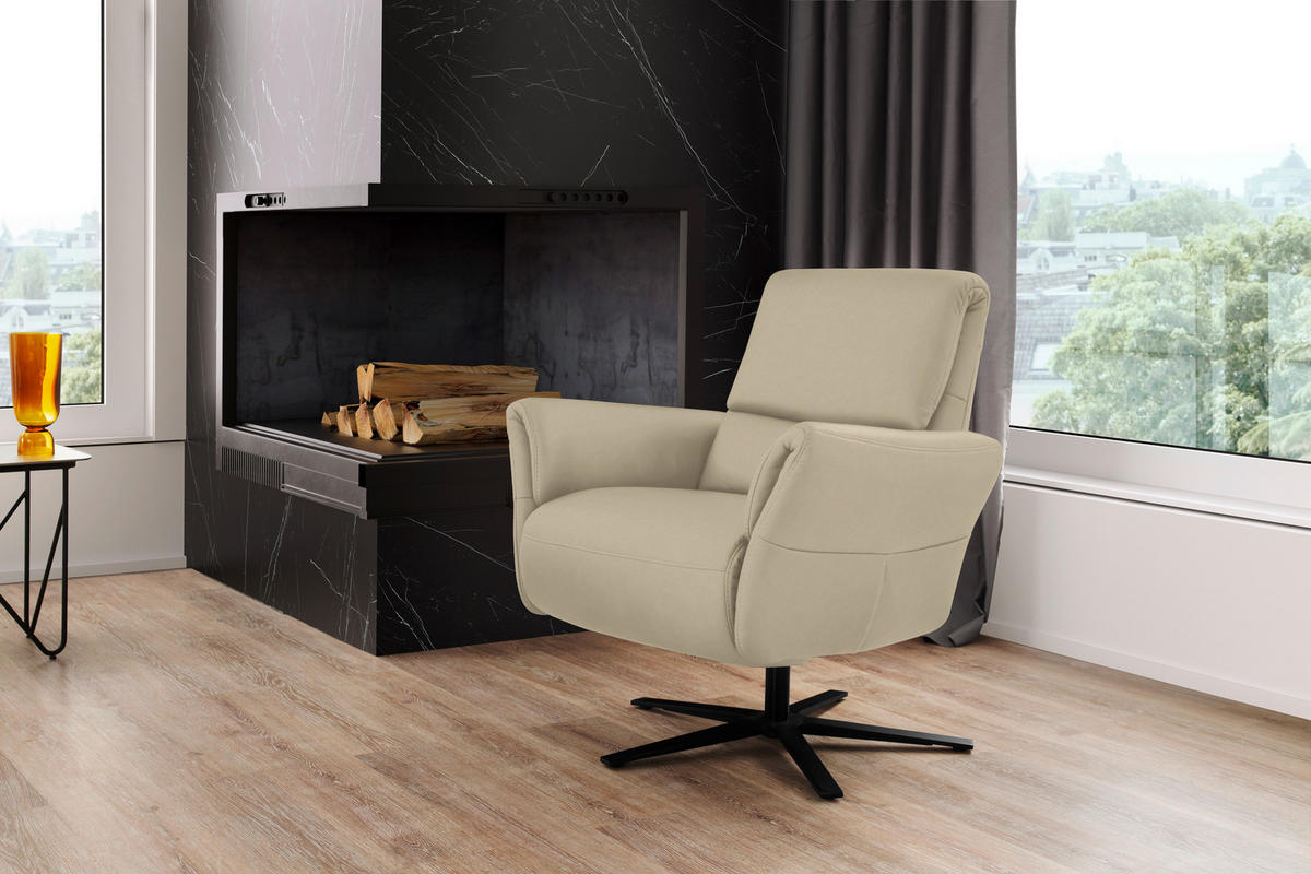 RELAXSESSEL Echtleder Relaxfunktion, Kopfteilverstellung, Nackenkissen    - Ecru/Schwarz, Design, Leder/Metall (81/118/82cm) - Schöner Wohnen