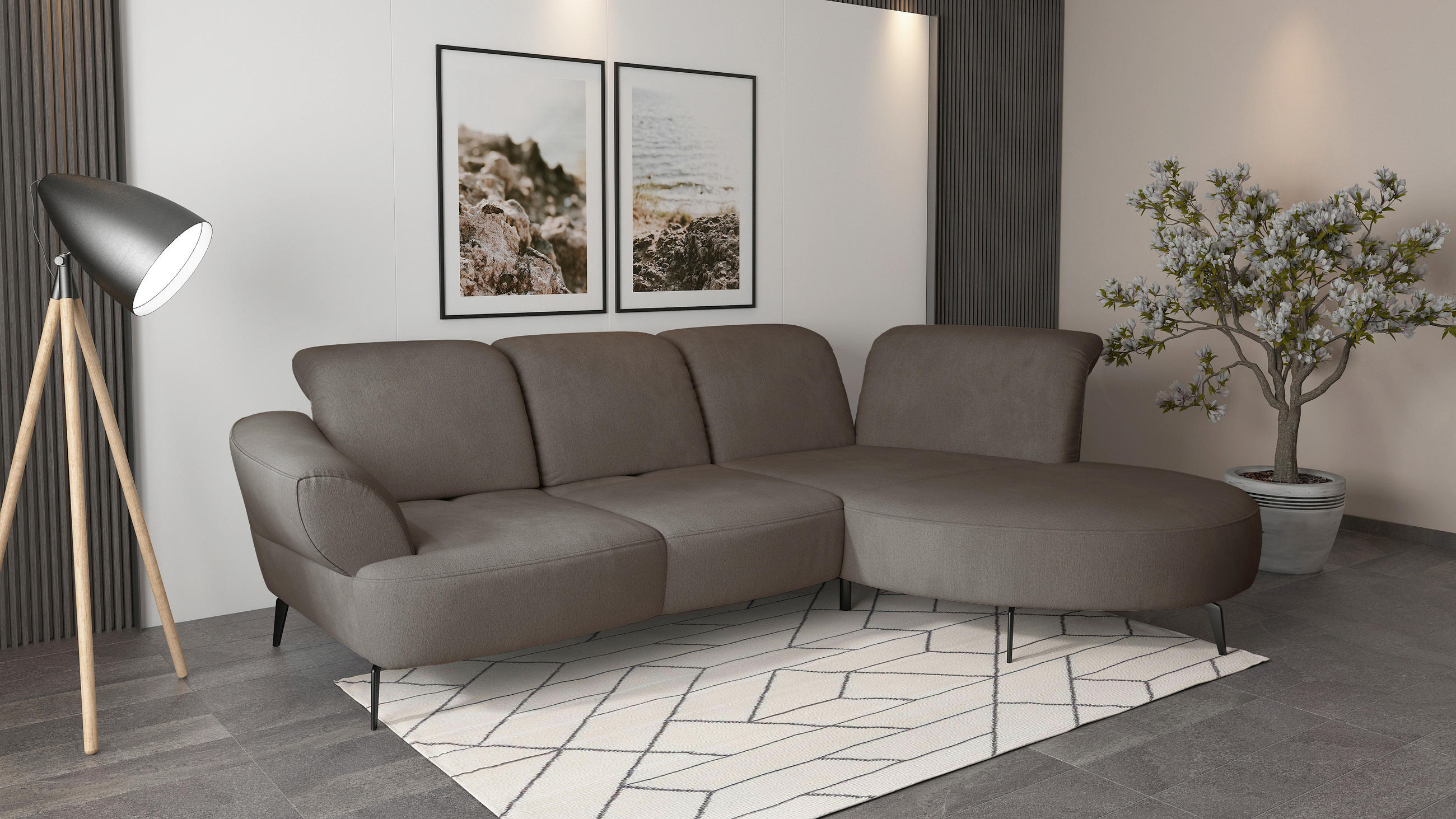 ECKSOFA DANCE E Schlammfarben Flachgewebe  - Schlammfarben/Schwarz, MODERN, Textil/Metall (313/208cm) - Sit & More