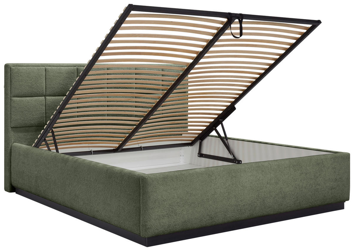 POLSTERBETT 140/200 cm,  in Grün, gepolstertes Kopfteil, Beleuchtung, Lattenrost, Bettkasten,  - Birkefarben/Schwarz, Design, Holz/Holzwerkstoff (140/200cm) - Chameo