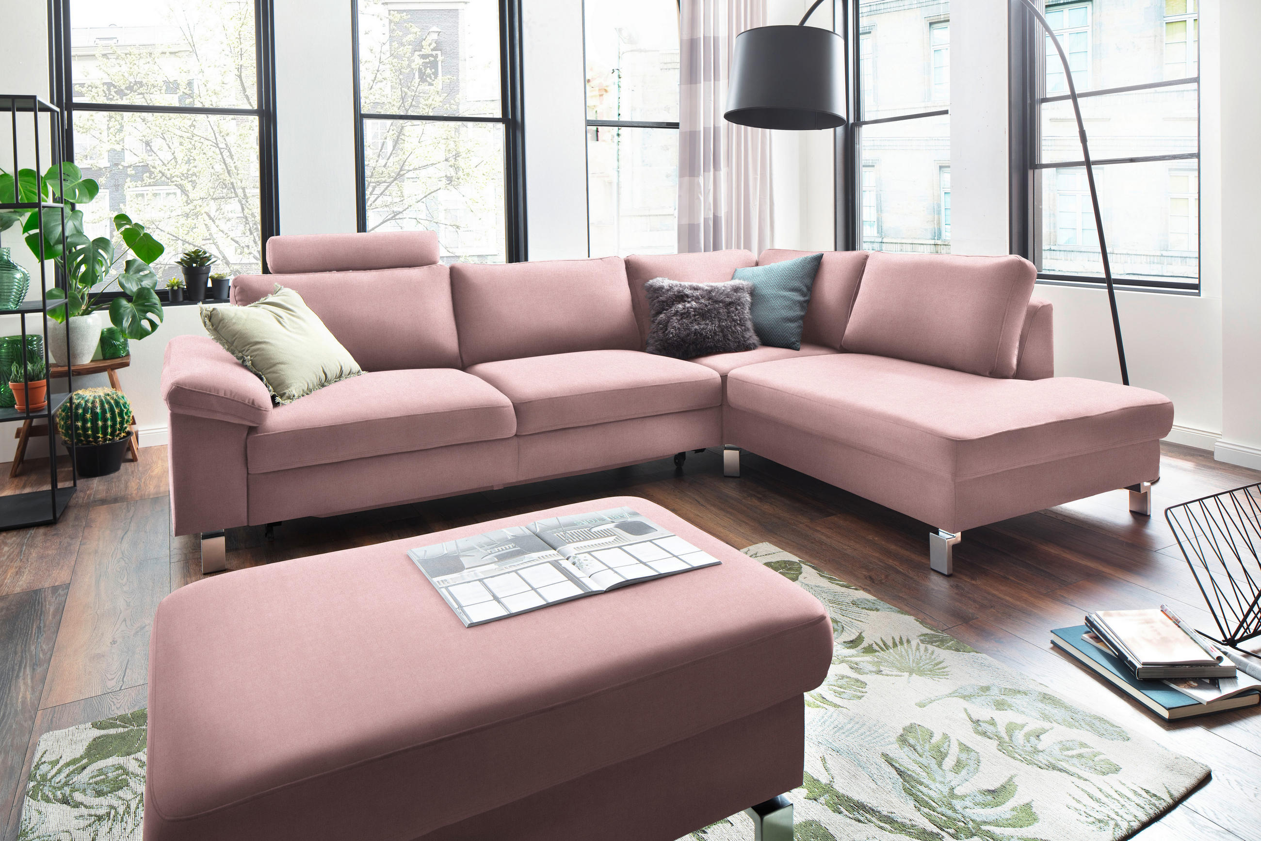 ECKSOFA in Velours Rosa  - Chromfarben/Rosa, Design, Textil/Metall (281/200cm) - Pure Home Lifestyle