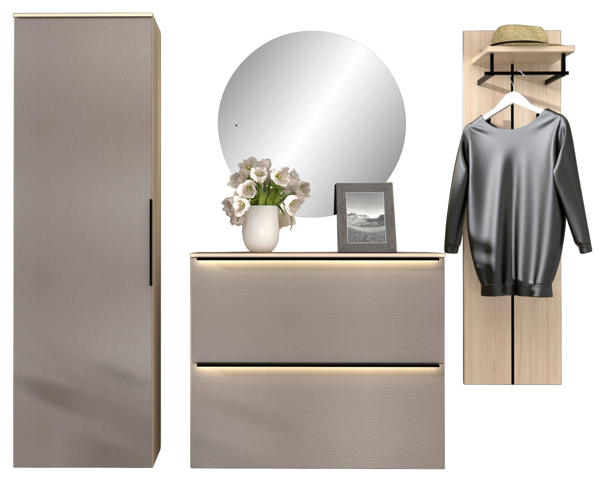 GARDEROBE 4-teilig  in 227/195/37 cm  - Eichefarben/Grau, Design, Glas/Holzwerkstoff (227/195/37cm) - Voleo