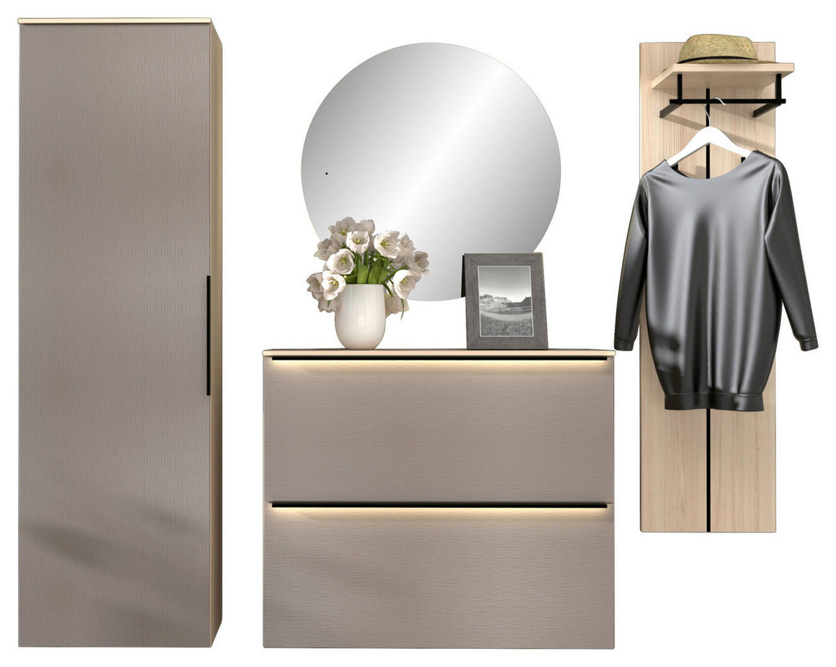 GARDEROBE 4-teilig  in 227/195/37 cm  - Eichefarben/Grau, Design, Glas/Holzwerkstoff (227/195/37cm) - Voleo