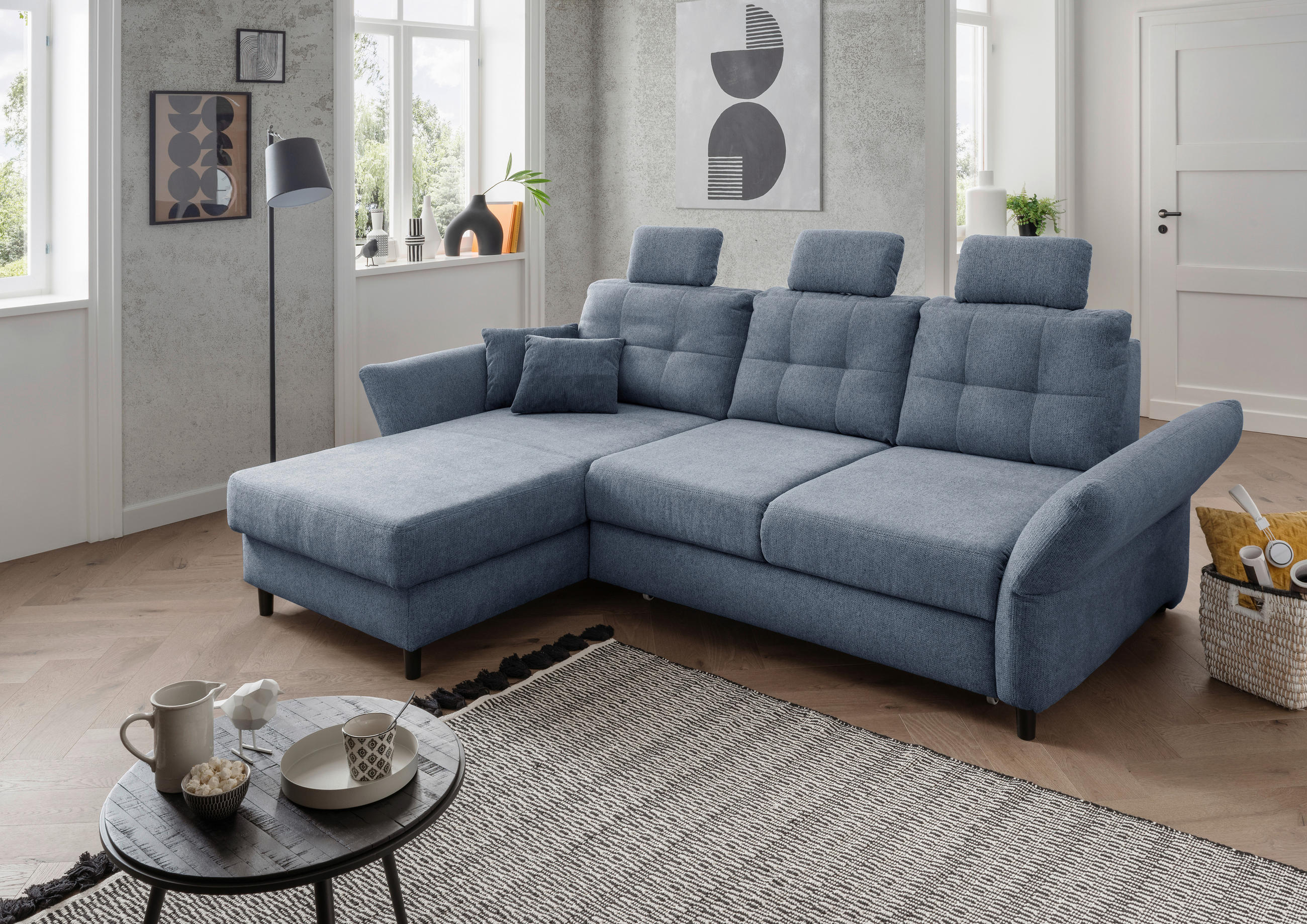 ECKSOFA Hellblau Chenille - Blau/Schwarz, MODERN, Holz/Textil (176/250-280cm) - Livetastic
