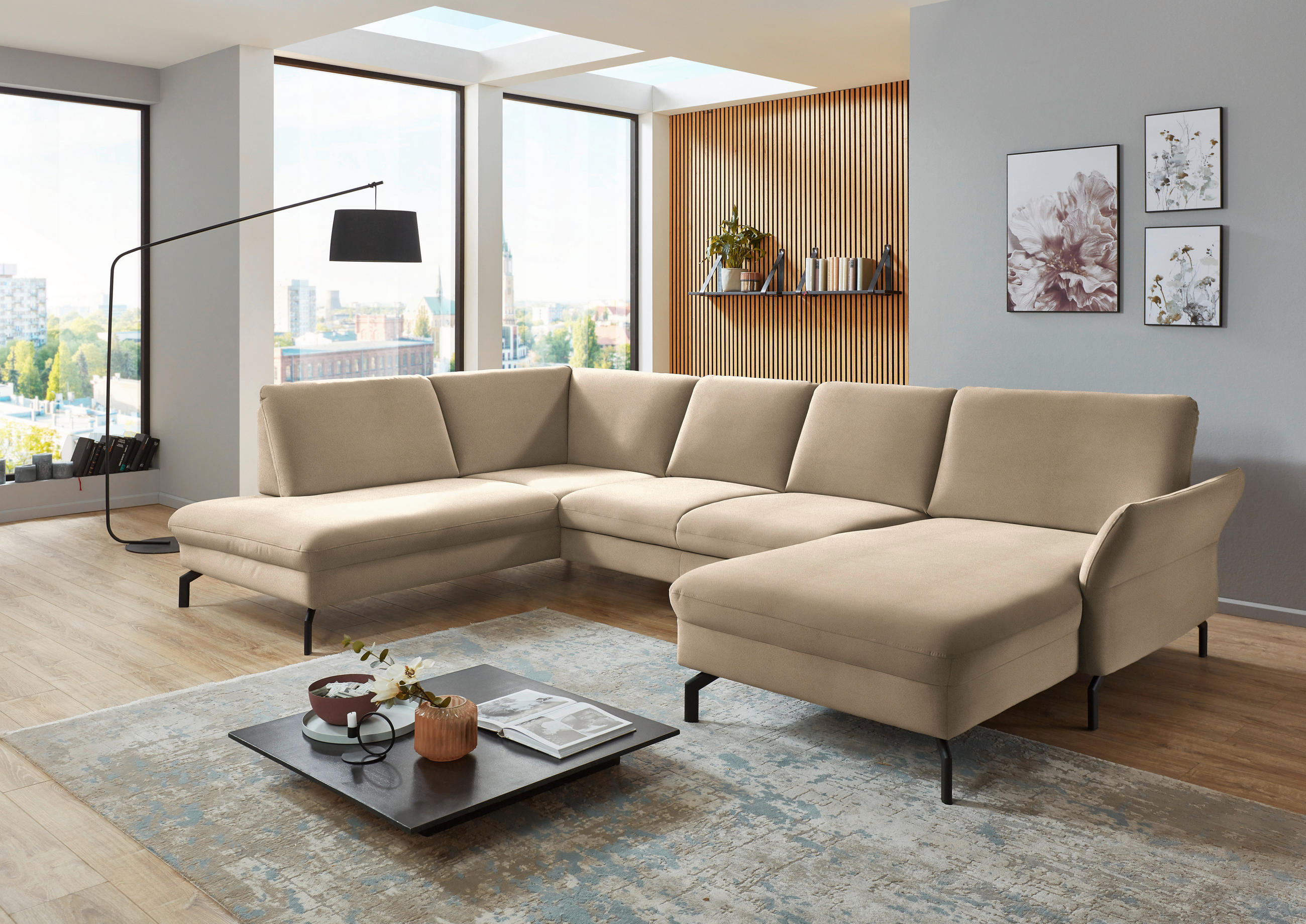 WOHNLANDSCHAFT in Velours Sandfarben  - Sandfarben/Schwarz, Design, Textil/Metall (220/335/179cm) - Beldomo System