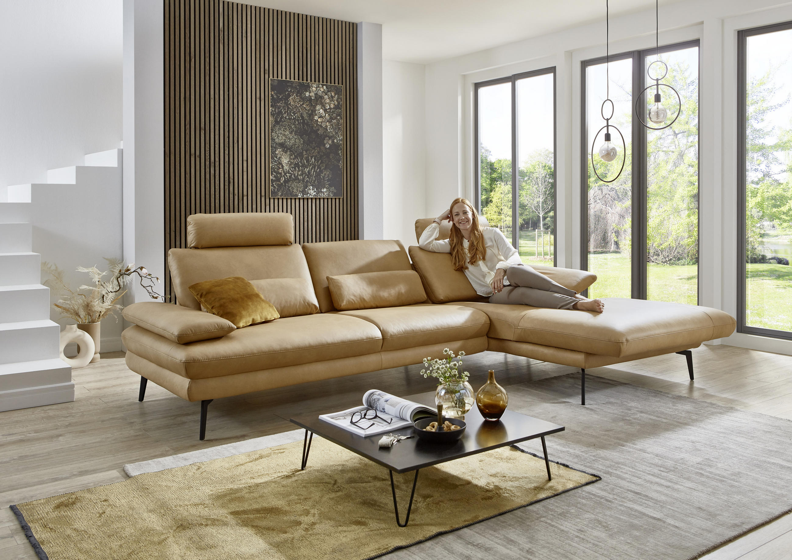 ECKSOFA Honig Echtleder - Schwarz/Honig, Design, Leder/Metall (310/180cm) - Dieter Knoll