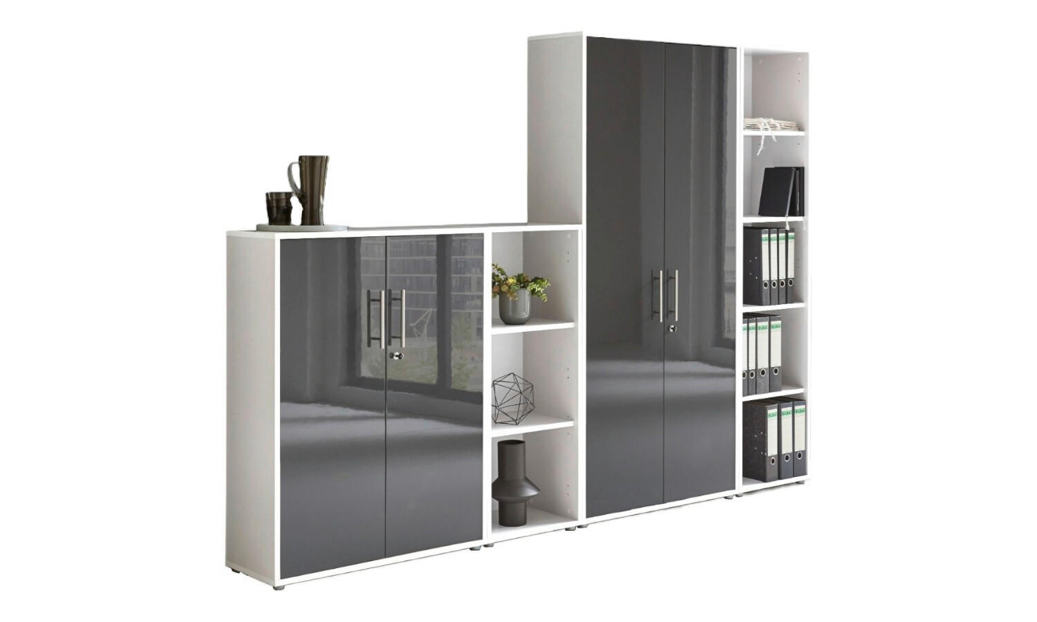 Mid.you Aktenschrank Office Edition - SW Set 4 Weiß, Anthrazit Hochglanz 257x186x33 cm