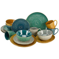 KOMBINOVANÝ SERVIS, 16-dielne, kamenina - žltá/petrolejová, Lifestyle, keramika - Creatable