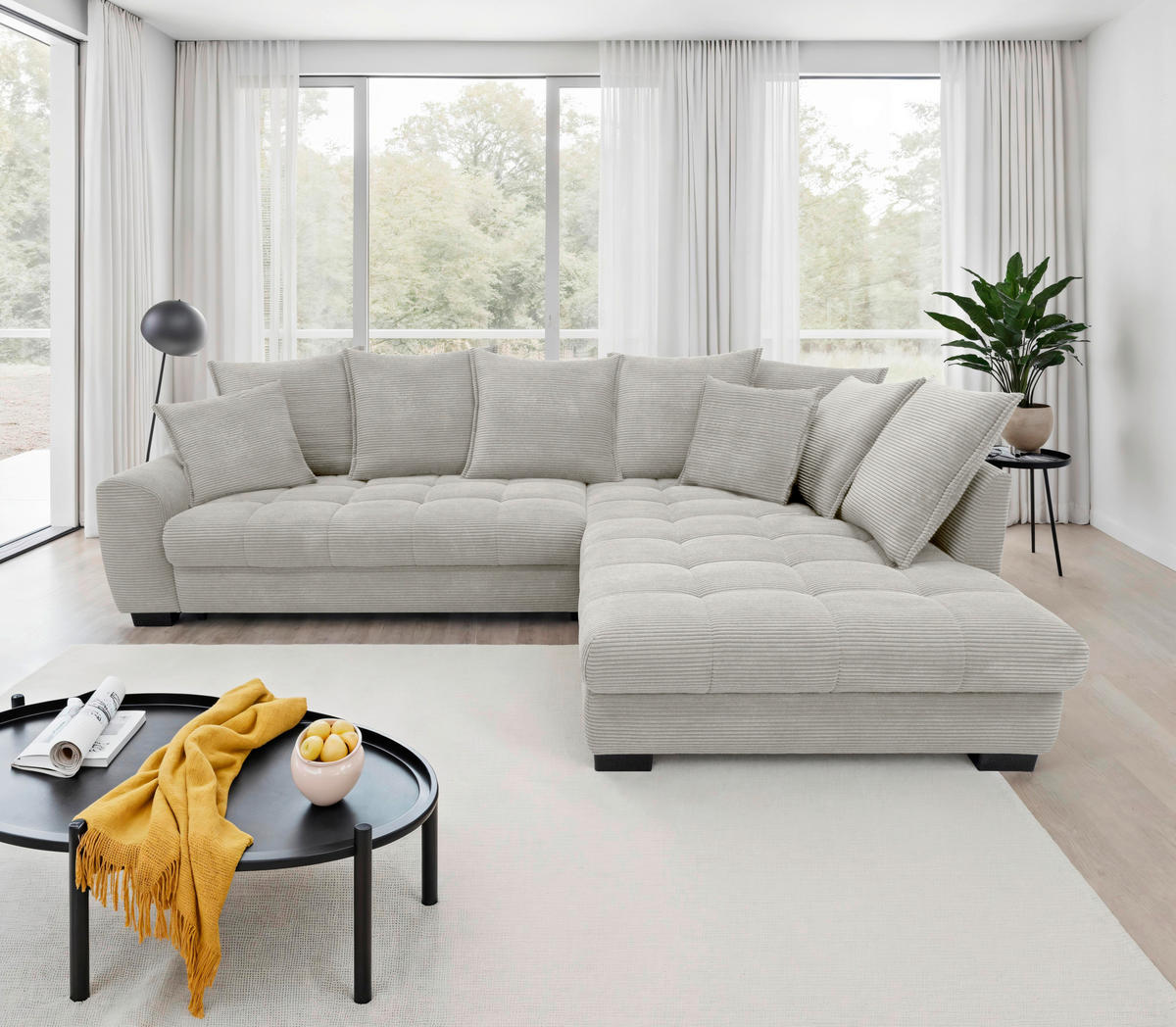 ECKSOFA Elfenbein Cord Rückenkissen, Armlehnenkissen, Bettkasten, Schlaffunktion, Rücken echt, Liegefläche im Originalstoff  - Elfenbein/Schwarz, KONVENTIONELL, Kunststoff/Textil (304/212cm) - Carryhome