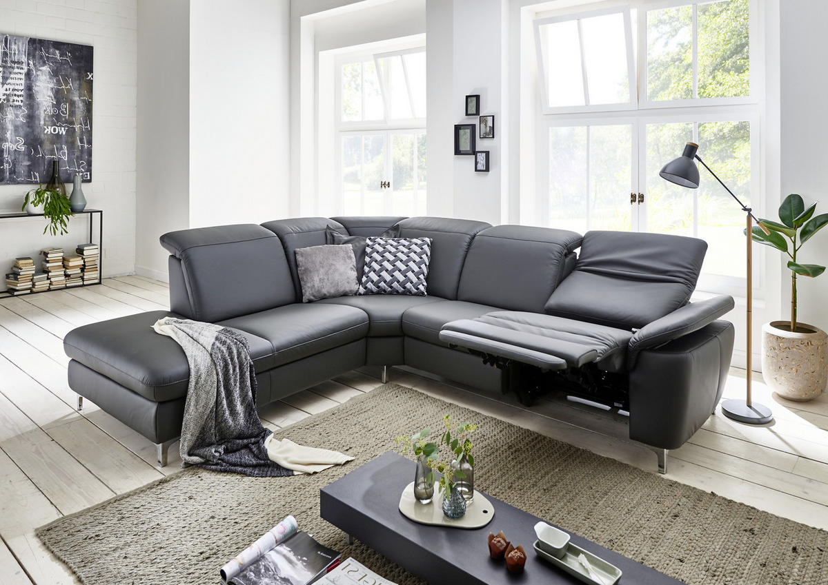 ECKSOFA Anthrazit Echtleder  - Chromfarben/Anthrazit, KONVENTIONELL, Leder/Metall (242/289cm) - Cantus