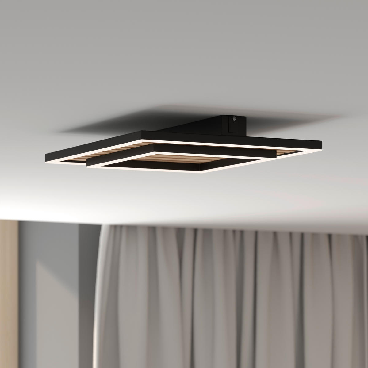 STROPNÍ LED SVÍTIDLO, 40/40/6 cm - černá, Design, kov/dřevo (40/40/6cm) - Novel