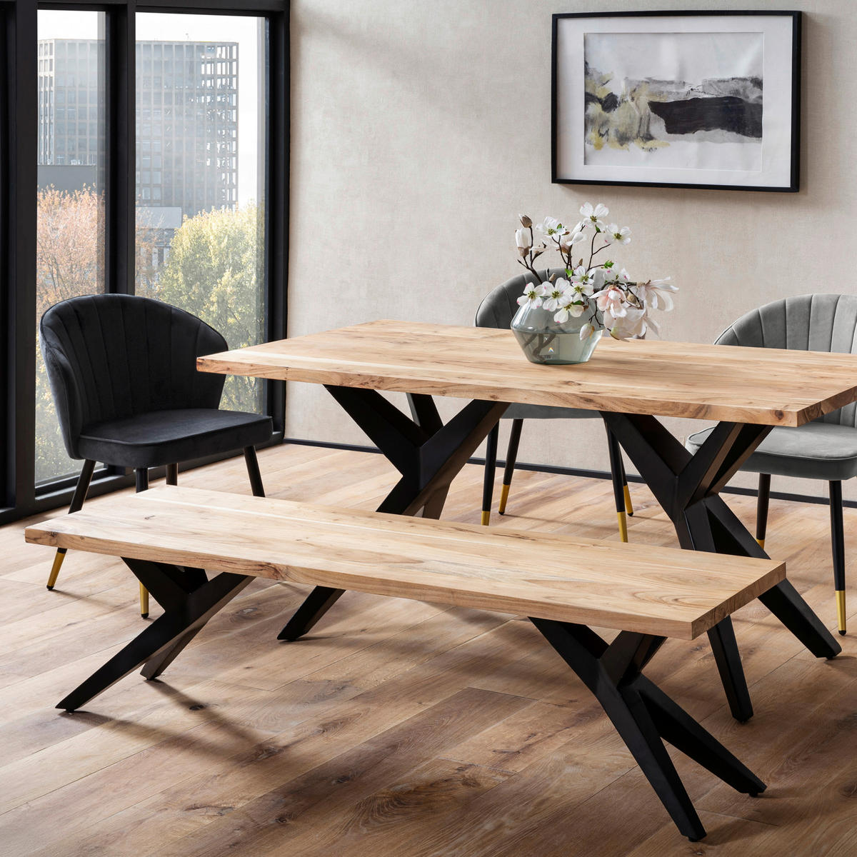 Bancă 175/45/45 cm  - negru/culoare lemn acacia, Design, lemn/metal (175/45/45cm) - MID.YOU
