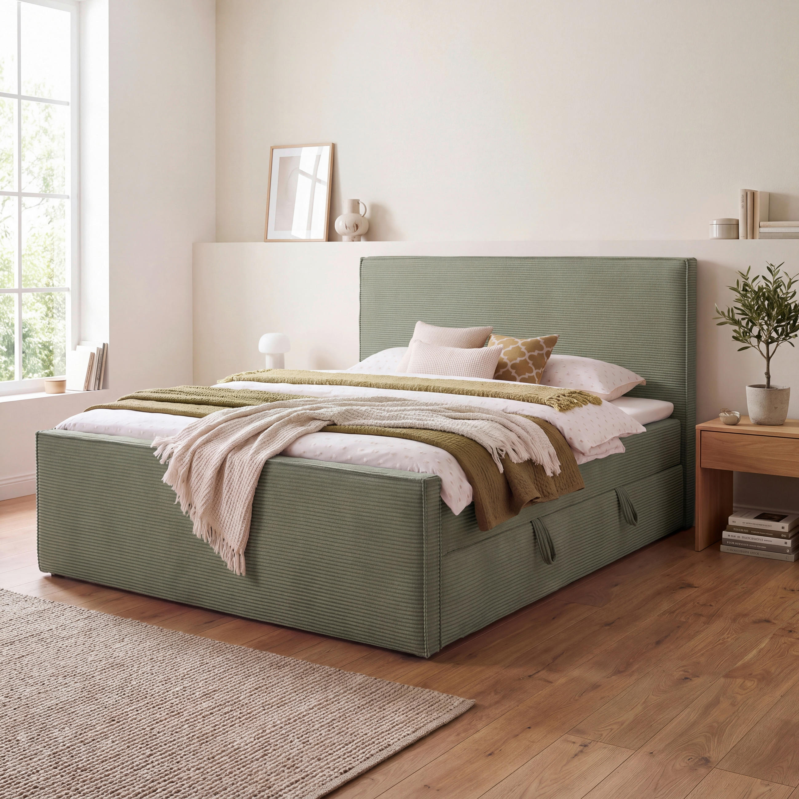 BOXBETT 180/200 cm,  in Grün, gepolstertes Kopfteil, Bettkasten, Topper, Matratzen, H3 + H3 = fest  - Schwarz/Grün, Basics, Kunststoff/Textil (180/200cm) - Chameo