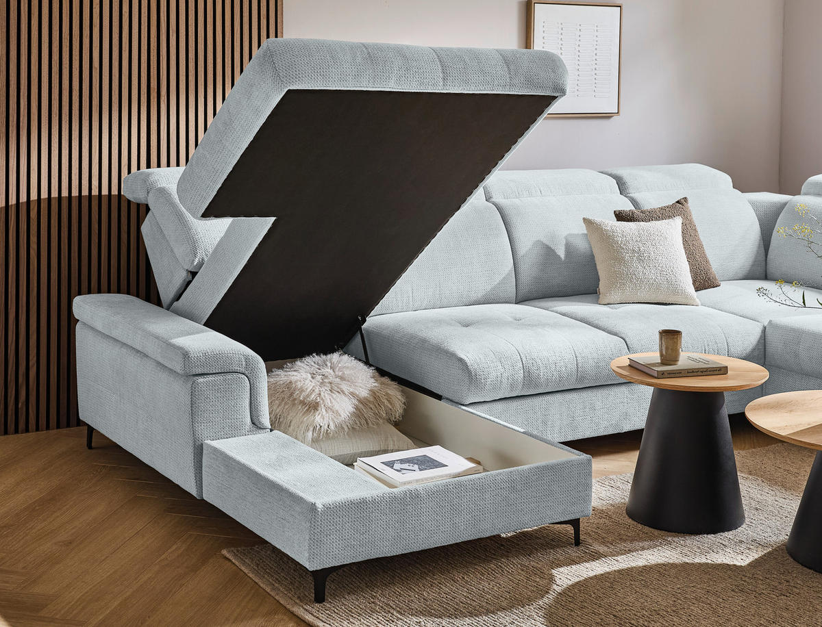 WOHNLANDSCHAFT Hellgrau Struktur  - Hellgrau/Schwarz, Design, Textil/Metall (190/364/270cm) - Stylife