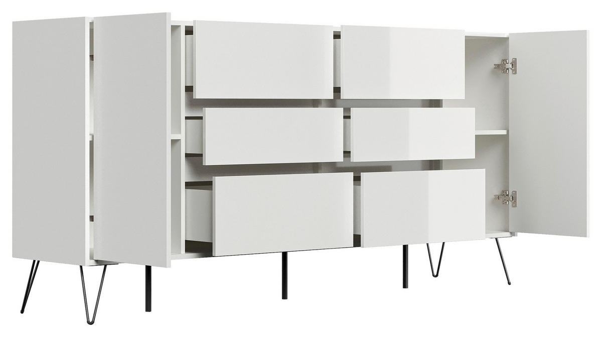 SIDEBOARD Posseik Industrial 199/93,6/42 cm 6 Schublade(n)  - Weiß Hochglanz/Schwarz, Design, Holzwerkstoff/Metall (199/93,6/42cm) - P & B