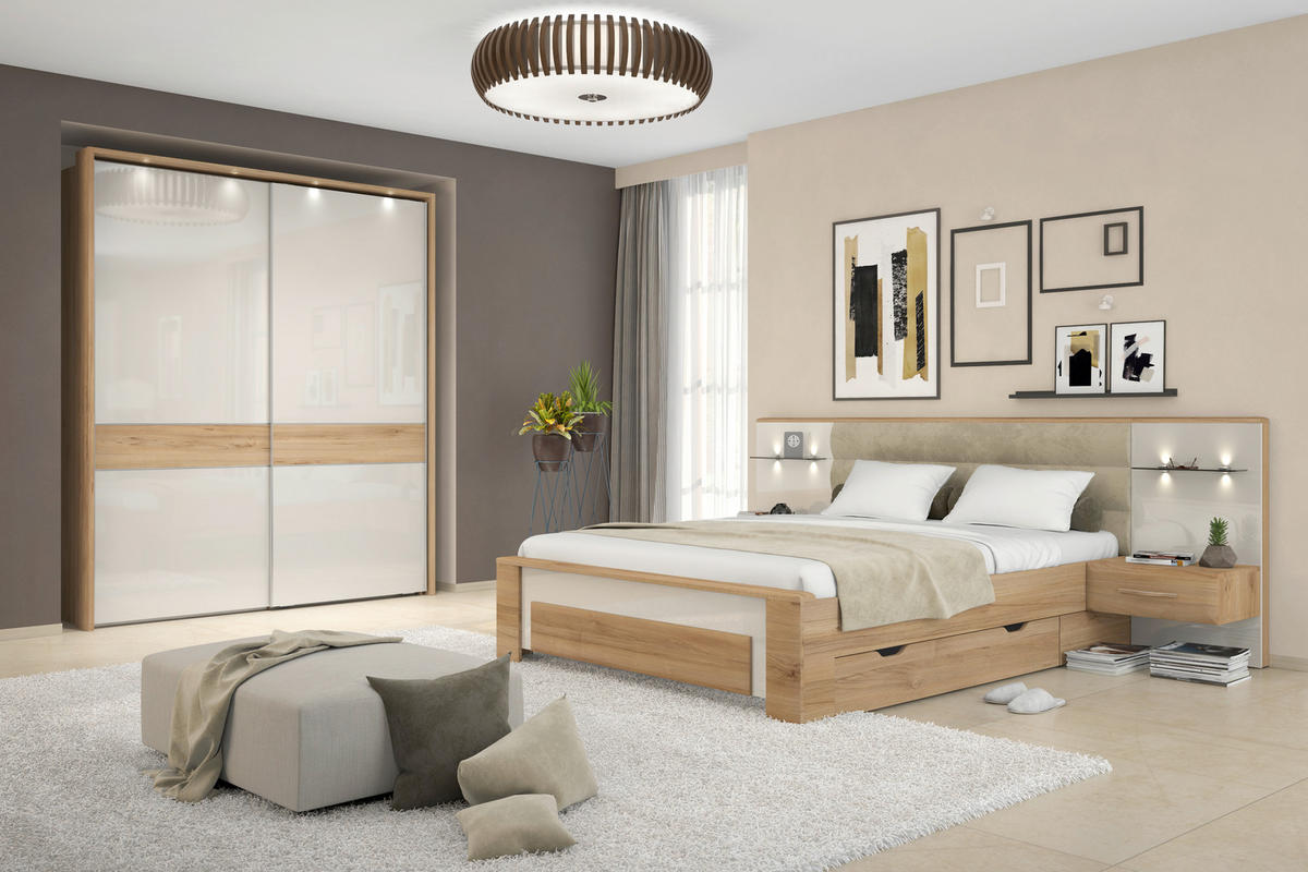 POSTELJA   x  , tekstil, leseni material bež  - barva oreha/bež, Design, tekstil/leseni material (186/100/221cm) - Hom`in