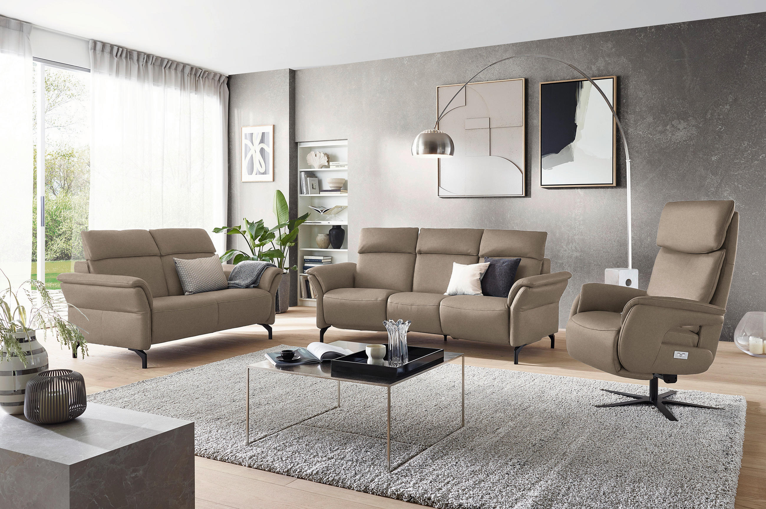TRAPEZSOFA in Mikrofaser Taupe  - Taupe/Schwarz, Konventionell, Textil/Metall (221/103/95cm) - Dieter Knoll