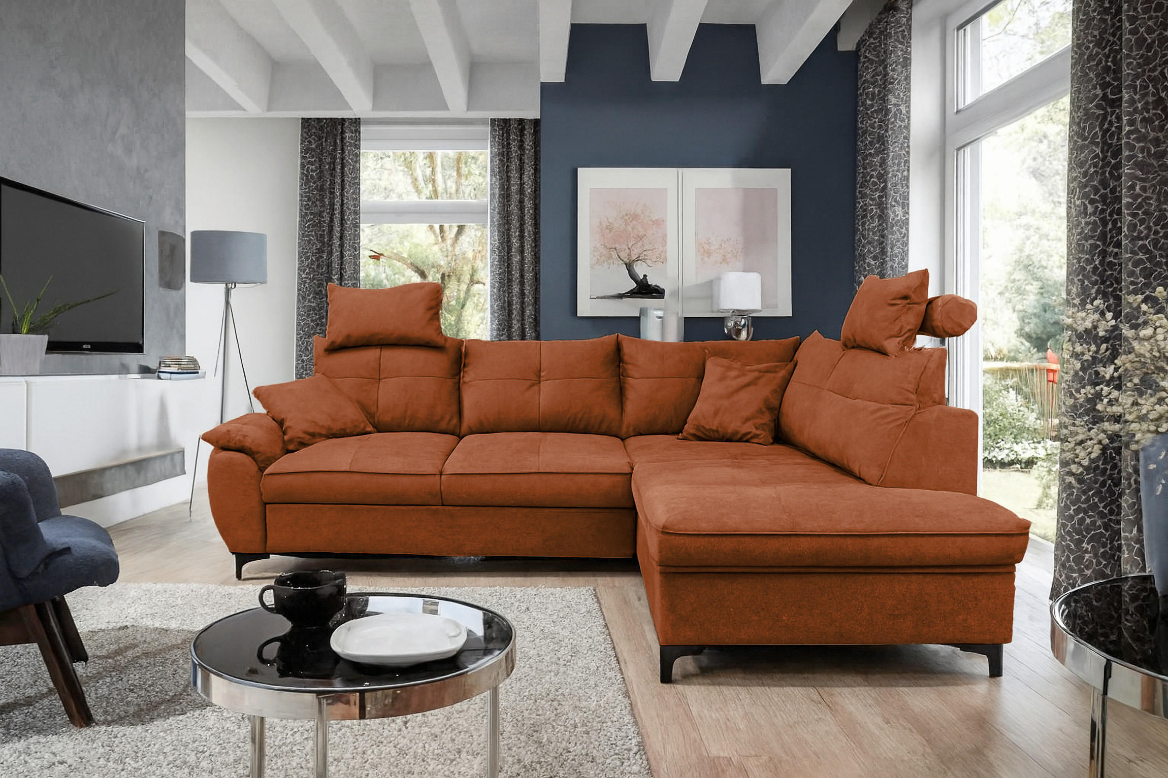 ECKSOFA SOLEI Rot Chenille Zierkissen, Bettkasten, Kopfstütze  - Rot/Schwarz, Design, Kunststoff/Textil (265/203cm) - MID.YOU