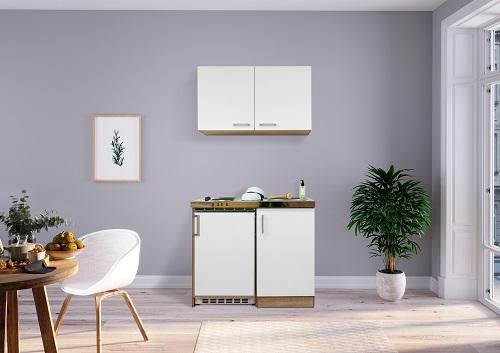 Miniküche mit Kühlschrank + Kochfeld 100 cm Weiß/Eiche