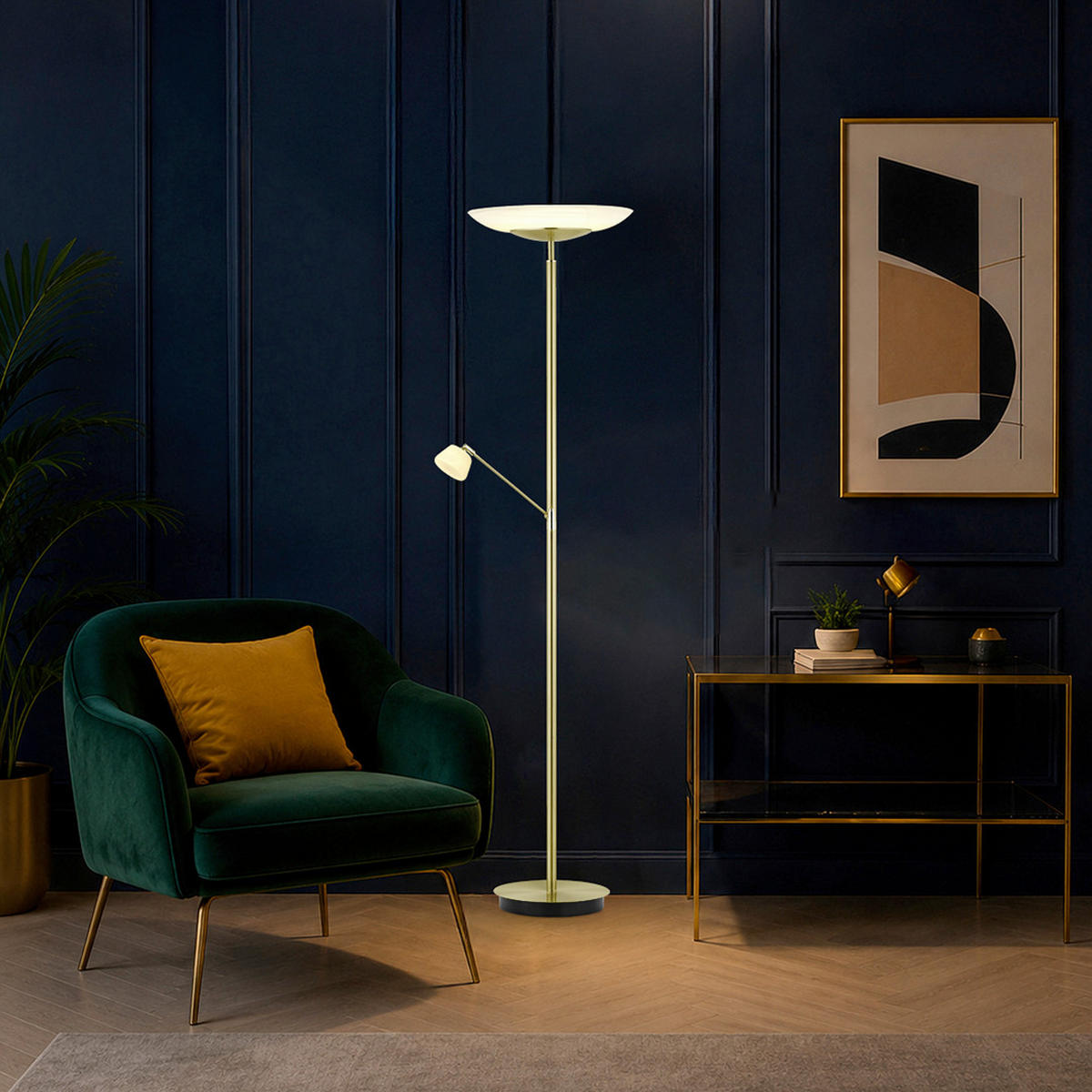 LED-STEHLEUCHTE Ferdi 43/180 cm  - Messingfarben/Alabasterfarben, MODERN, Glas/Metall (43/180cm) - Hell