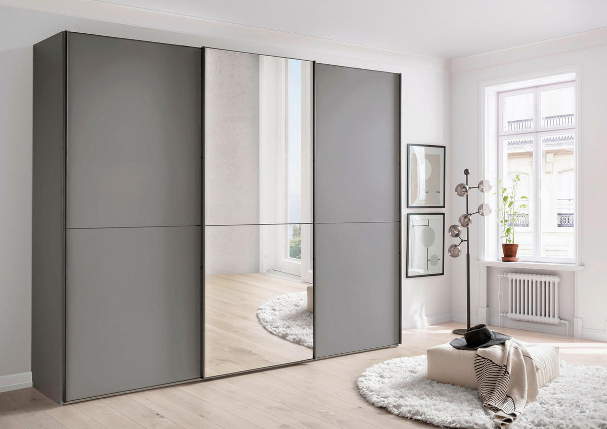 SCHWEBETÜRENSCHRANK 250/236/67 cm,  in Lavagrau, 3 Tür(en)  - Lavagrau/Schwarz, MODERN, Glas/Holzwerkstoff (250/236/67cm) - Chameo
