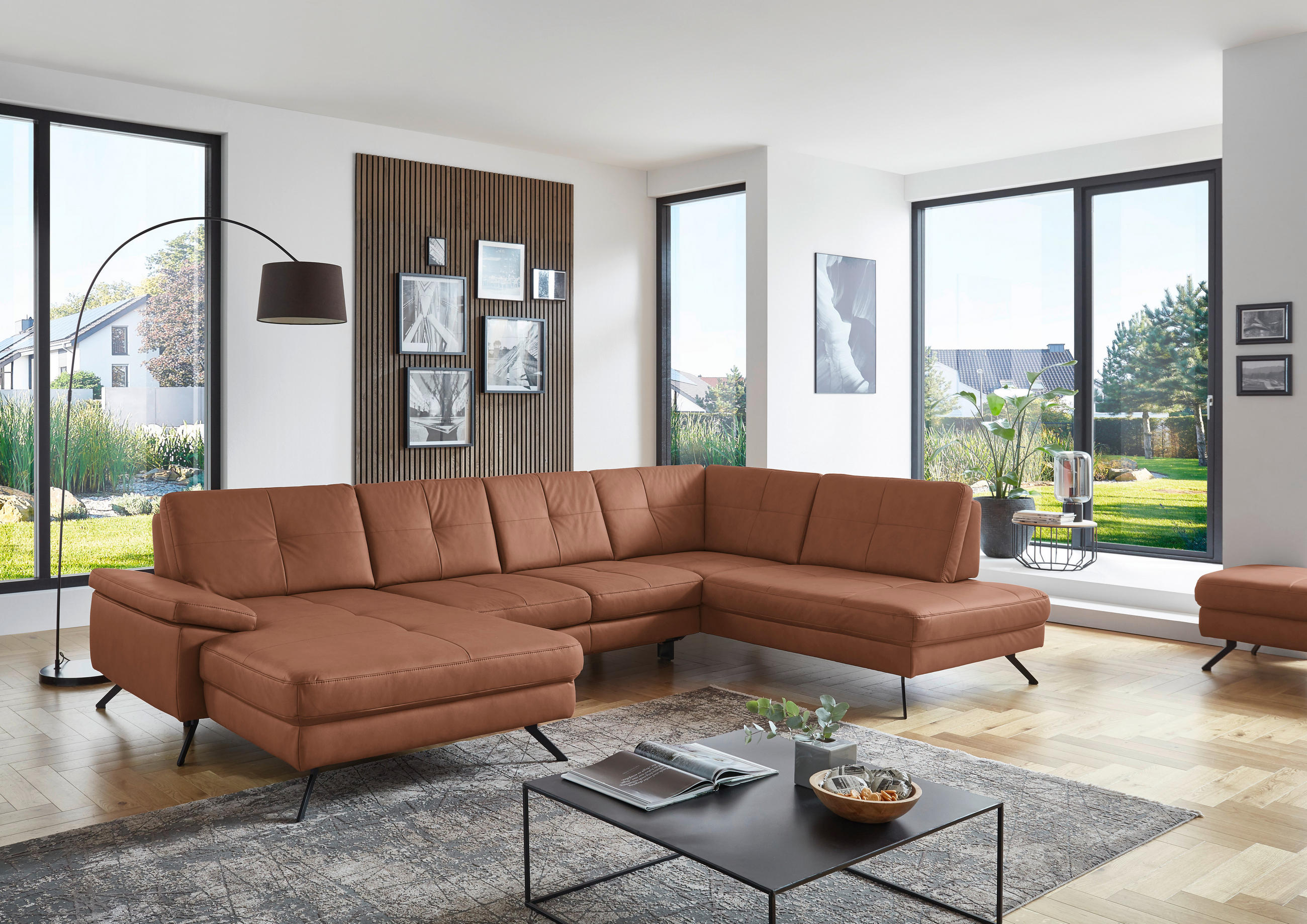 WOHNLANDSCHAFT in Lederlook, Mikrofaser Braun  - Schwarz/Braun, Design, Textil/Metall (345/220cm) - Beldomo System