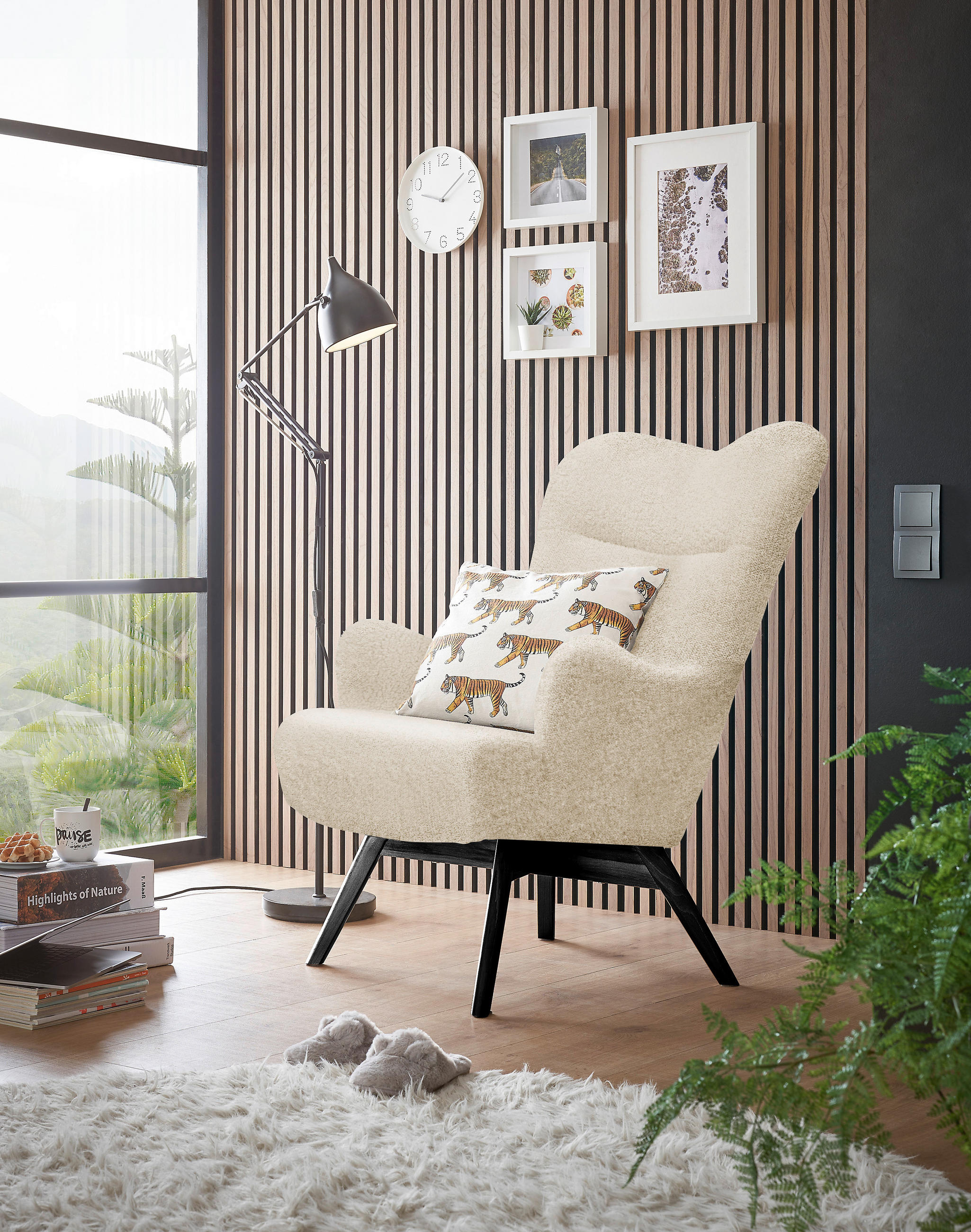 OHRENSESSEL Teddystoff Creme, Schwarz    - Creme/Schwarz, Design, Holz/Textil (80/106/100cm) - MID.YOU