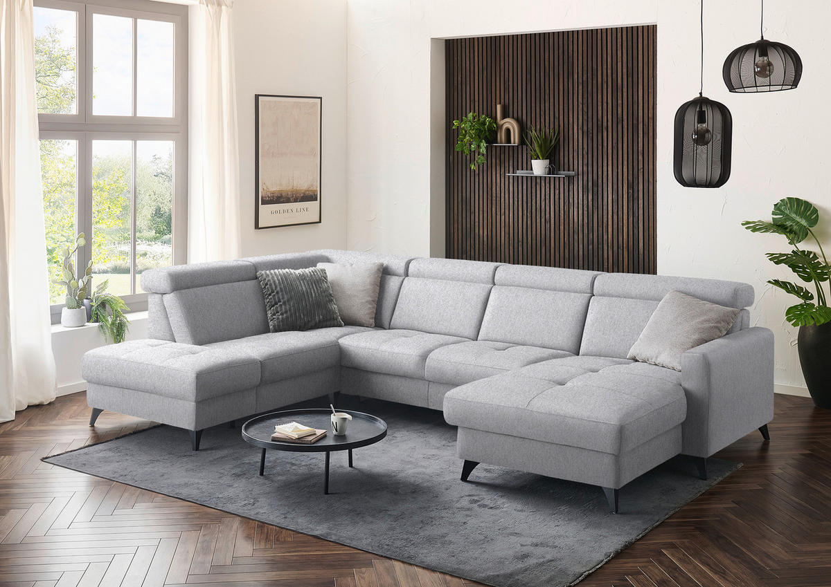 WOHNLANDSCHAFT Flachgewebe Ecru  - Ecru/Schwarz, Konventionell, Textil/Metall (215/333/174cm) - Beldomo System