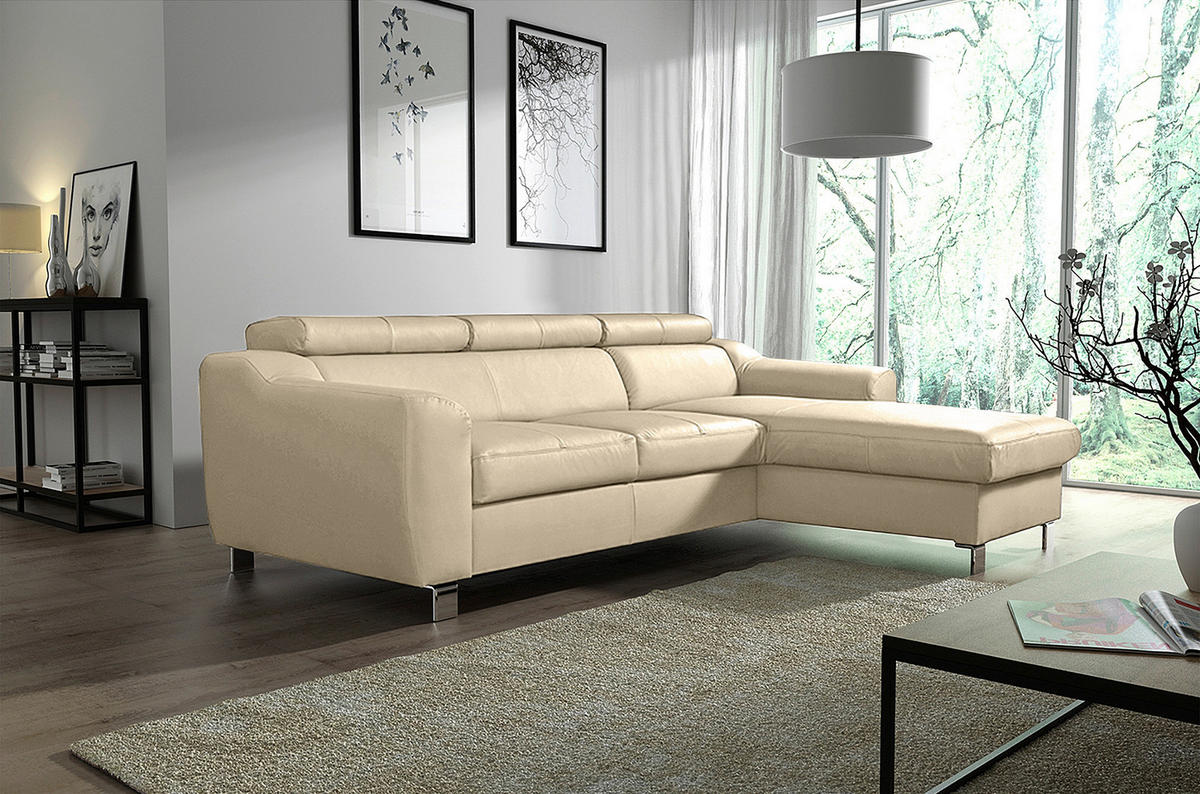 ECKSOFA Beige Echtleder Lederlook Rücken echt, Kopfteilverstellung  - Chromfarben/Beige, Design, Leder/Textil (242/176cm) - Livetastic