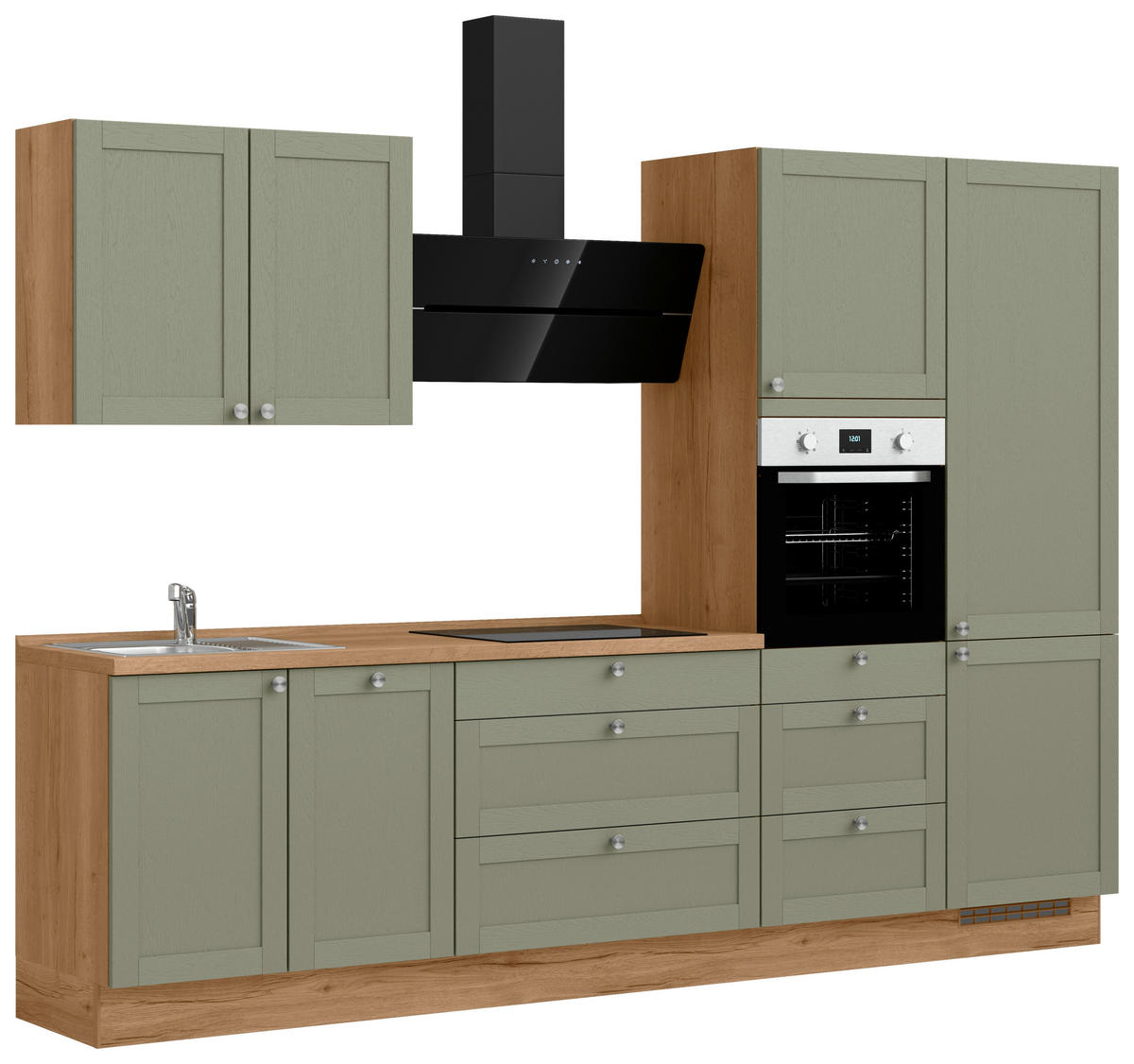 KÜCHENBLOCK Frame 300 cm  in Eichefarben, Olivgrün  - Edelstahlfarben/Eichefarben, MODERN, Holzwerkstoff/Metall (300cm) - Nobilia