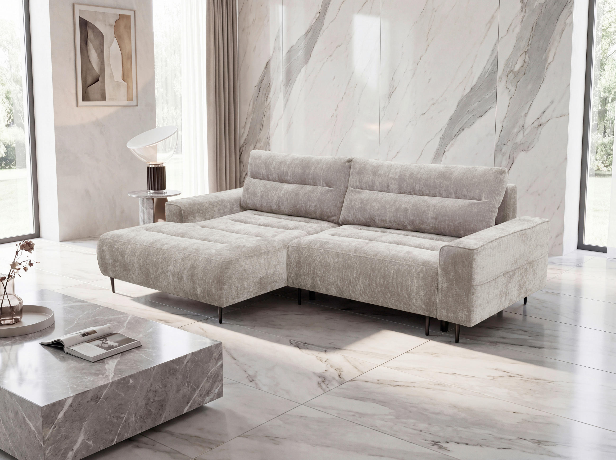 ECKSOFA PABLO Beige Struktur Rückenkissen, Bettkasten  - Beige/Schwarz, Design, Holz/Textil (160/260cm) - MID.YOU