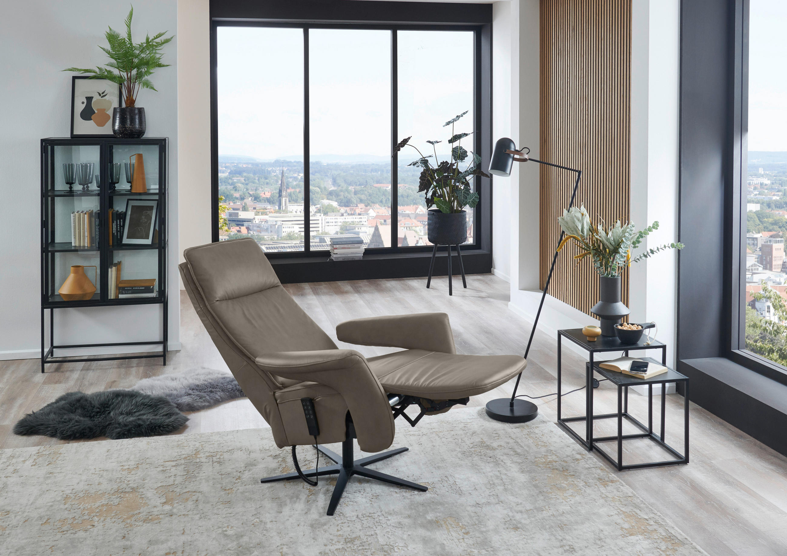 RELAXSESSEL in Leder Graubraun  - Graubraun/Schwarz, Design, Leder/Metall (83/123/87cm) - Valdera
