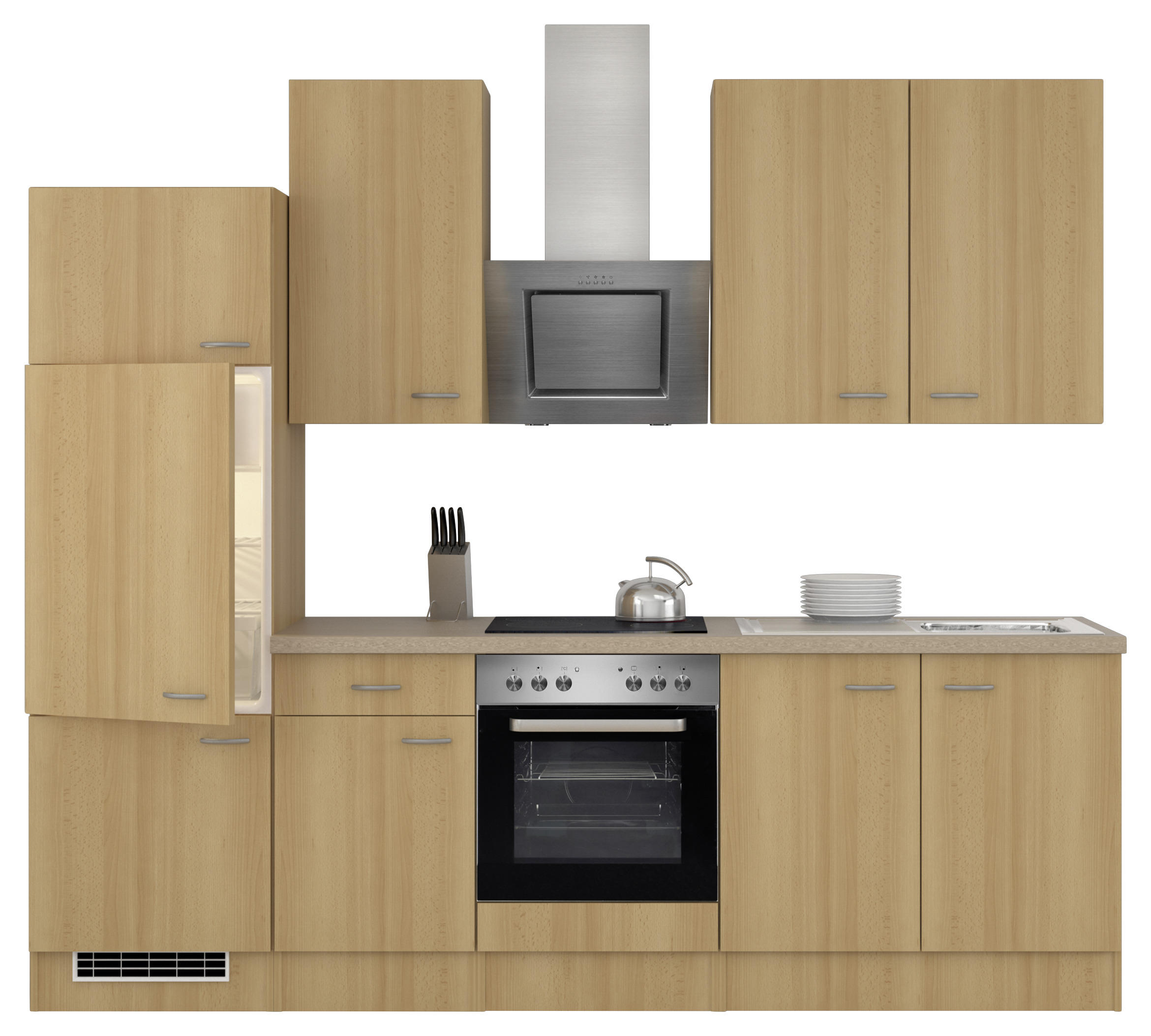 KÜCHENBLOCK 270 cm in Creme, Buchefarben, Edelstahlfarben - Edelstahlfarben/Buchefarben, MODERN (270cm) - MID.YOU