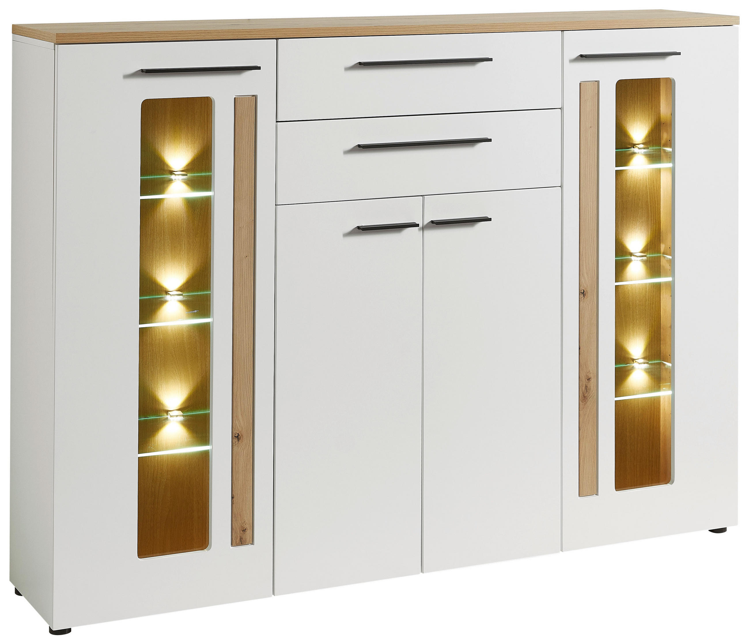 HIGHBOARD Weiß, Eichefarben Beleuchtung, Einlegeböden  - Eichefarben/Schwarz, MODERN, Glas/Holzwerkstoff (180/133/37cm) - Livetastic