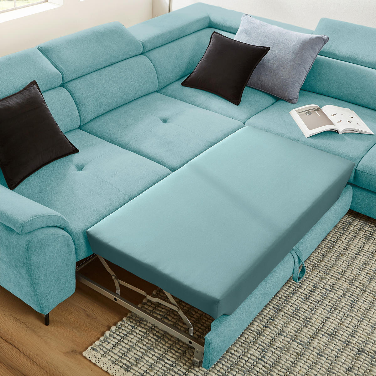 ECKSOFA in Webstoff Türkis  277/237 cm  - Türkis/Schwarz, Design, Textil/Metall (277/237cm) - Stylife