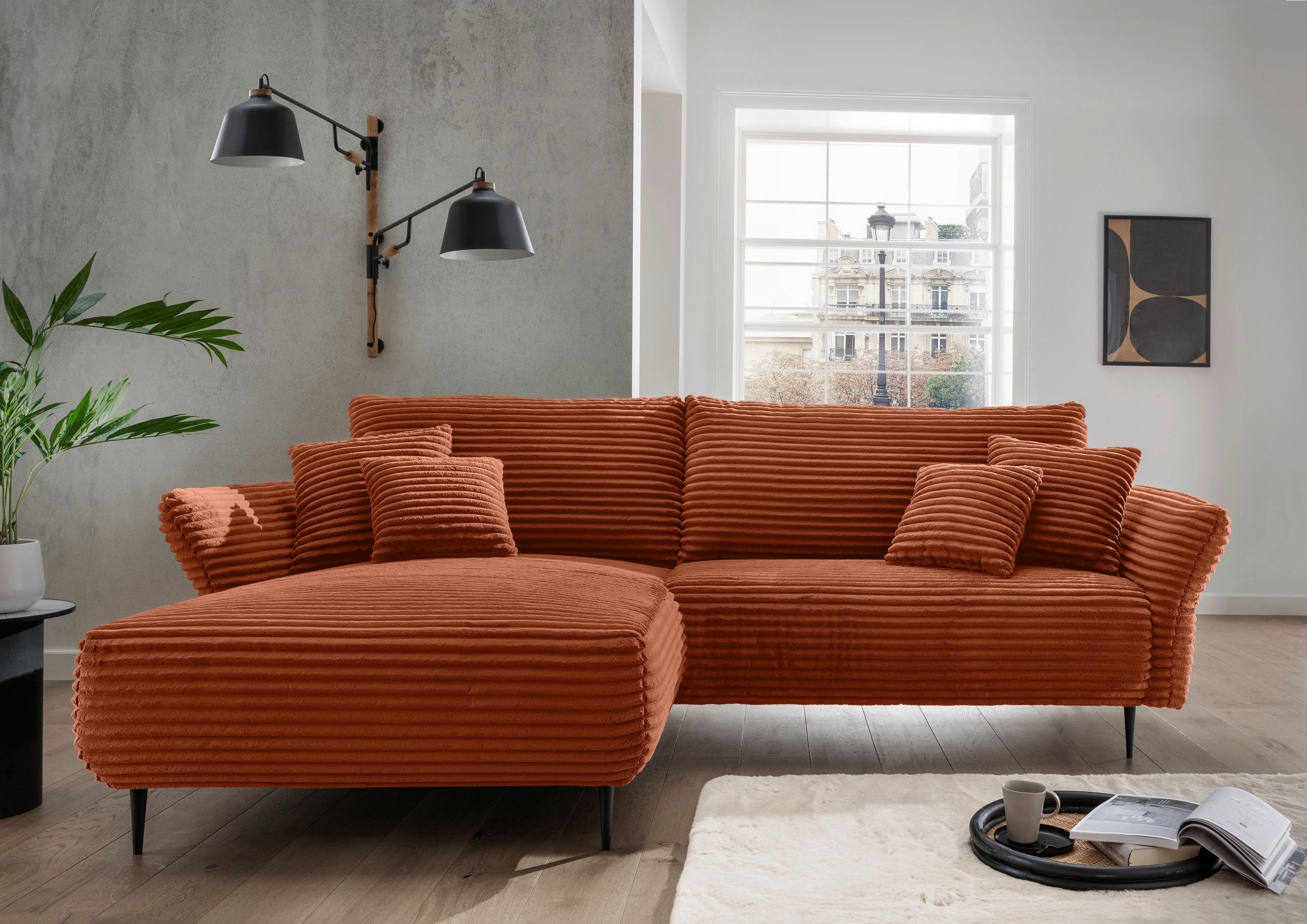ECKSOFA Terracotta Cord  - Terracotta/Schwarz, Design, Textil/Metall (178/264-302cm) - Livetastic