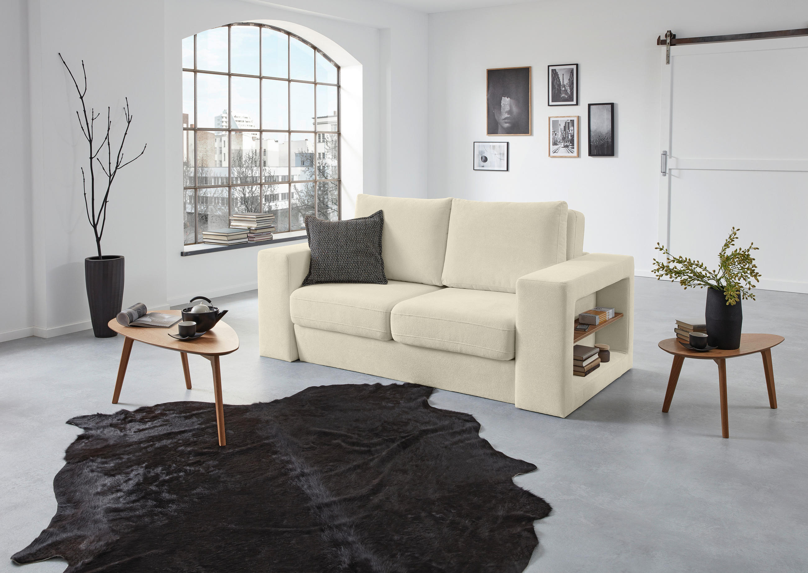 DREISITZER-SOFA inkl. Hocker Webstoff Creme  - Eichefarben/Creme, Design, Holz/Textil (212/96/107cm) - LOOKS by W.Joop