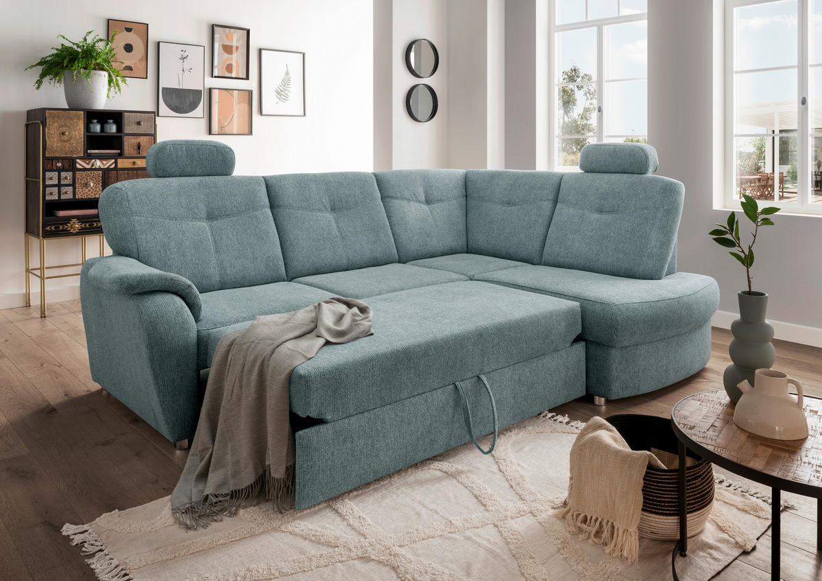 ECKSCHLAFSOFA  mit Liegefunktion, seitenverkehrt erhältlich, Schlafen auf Sitzhöhe, Rücken echt, Armteil links Chenille Mintgrün  - Chromfarben/Mintgrün, MODERN, Kunststoff/Textil (264/180cm) - Livetastic