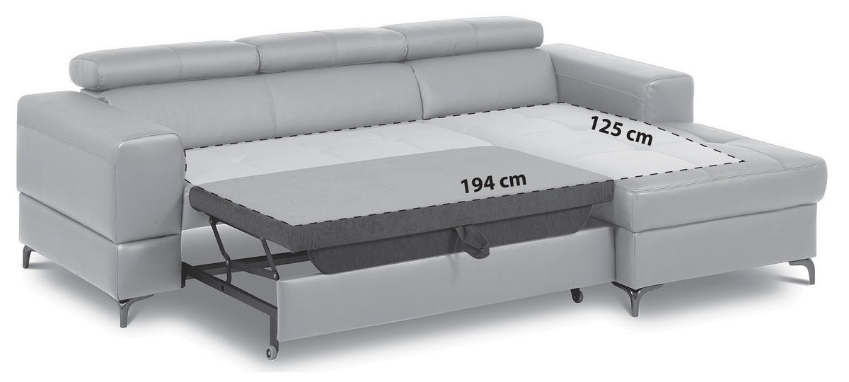 ECKSOFA Hellgrau Echtleder Lederlook Bettkasten, Schlaffunktion, Rücken echt, Kopfteilverstellung  - Hellgrau/Schwarz, Design, Leder/Textil (247/173cm) - Livetastic