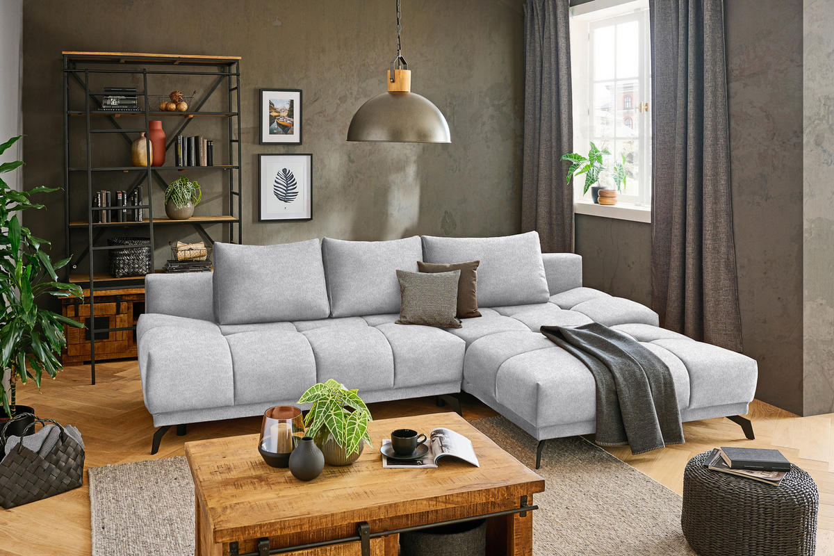 ECKSOFA in Chenille Hellgrau  - Hellgrau/Schwarz, Modern, Textil/Metall (290/182cm) - Hom`in