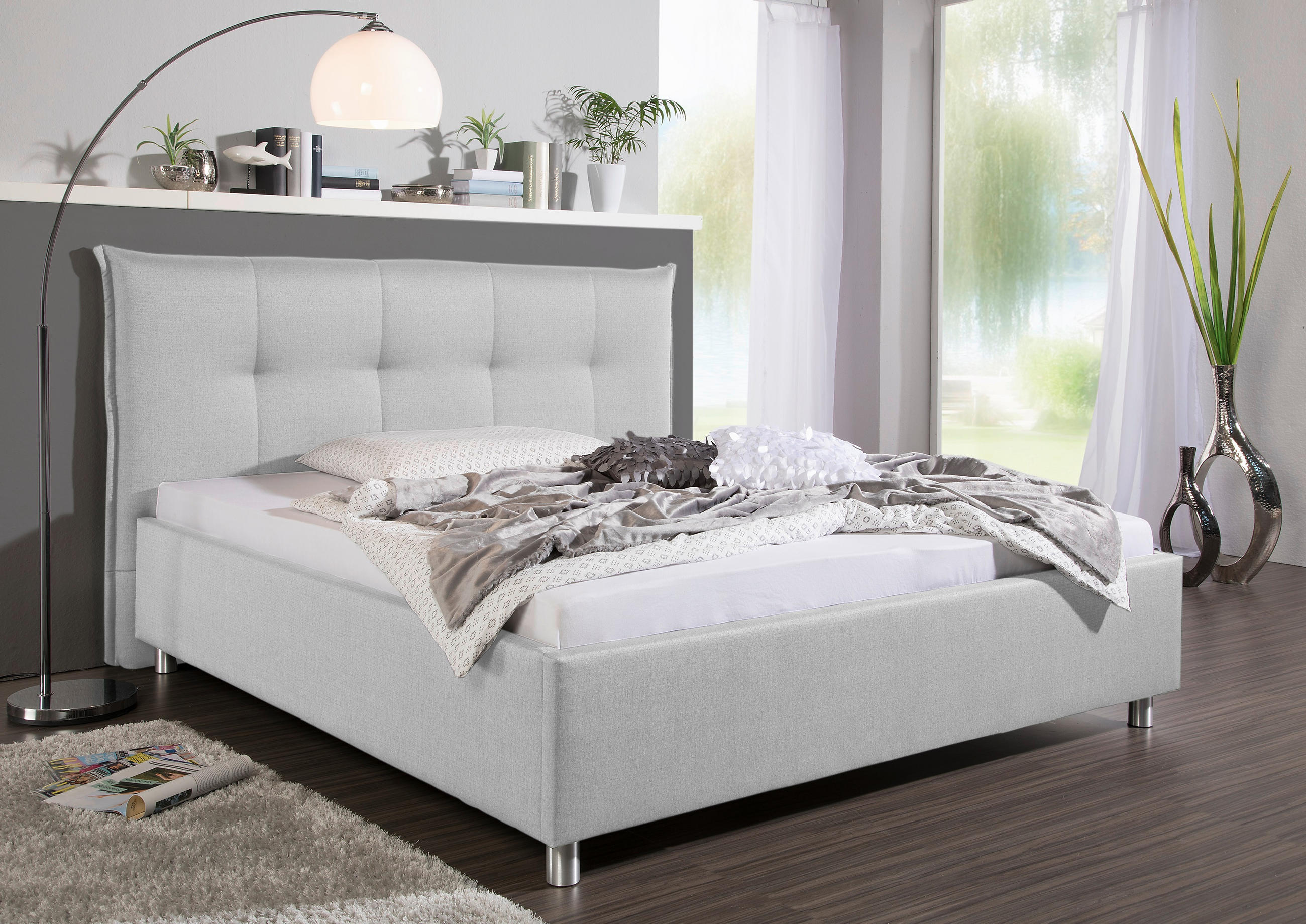 POLSTERBETT 180/200 cm,  in Hellgrau,  - Hellgrau/Alufarben, MODERN, Textil/Metall (180/200cm) - Livetastic