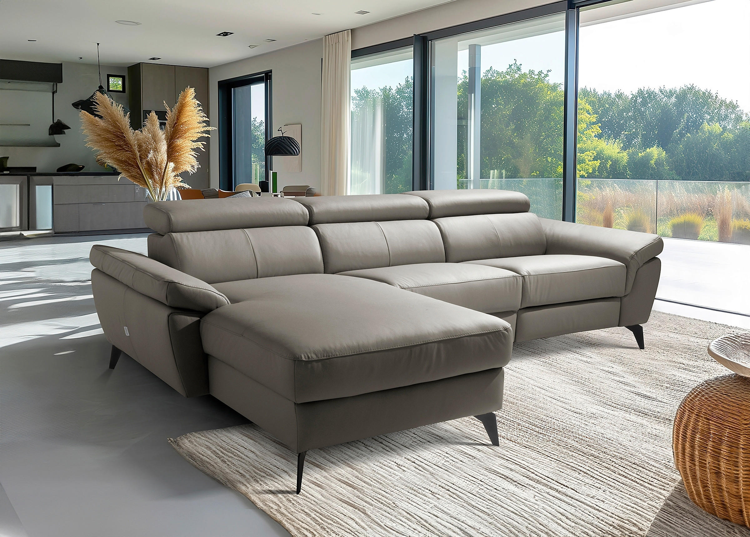 ECKSOFA SONO in Lederlook Echtleder Schlammfarben Armteilverstellung, Kopfteilverstellung  179/252 cm  - Schlammfarben/Schwarz, Design, Leder/Textil (179/252cm) - Livetastic