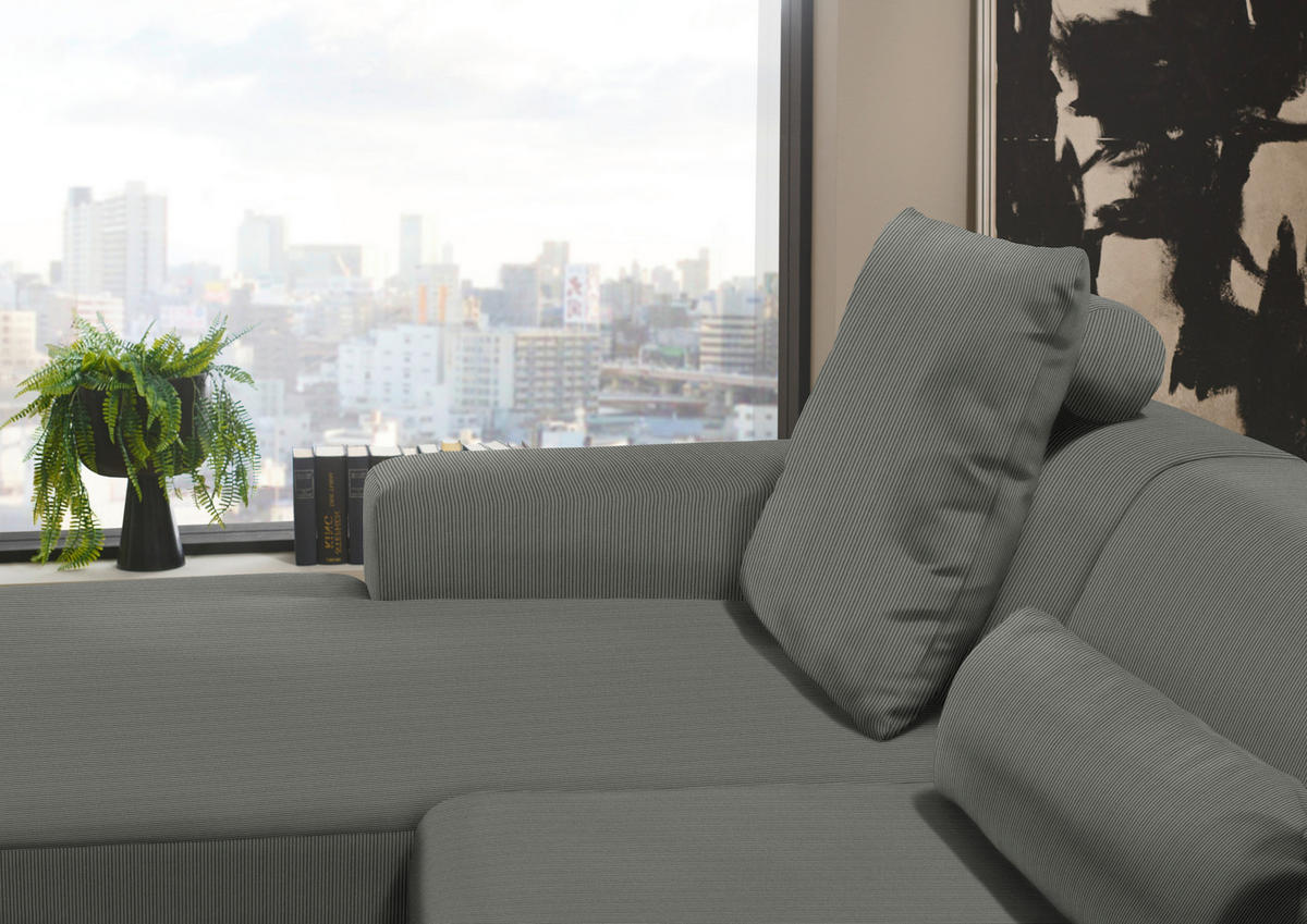 ECKSOFA in Feincord Grau  - Schwarz/Grau, Design, Kunststoff/Textil (174/302cm) - Beldomo Style