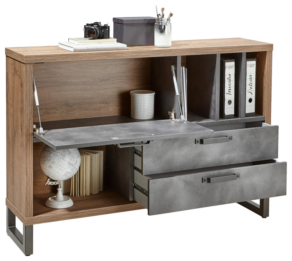 KOMODA, sivá, farba duba, 140/97/35 cm - sivá/farba duba, Trend, kov/kompozitné drevo (140/97/35cm) - Stylife