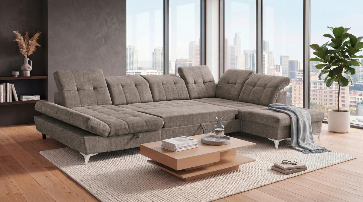 WOHNLANDSCHAFT MERCY Braun Mikrovelours  - Kaschmir/Braun, MODERN, Kunststoff/Textil (169/348/245cm) - MID.YOU
