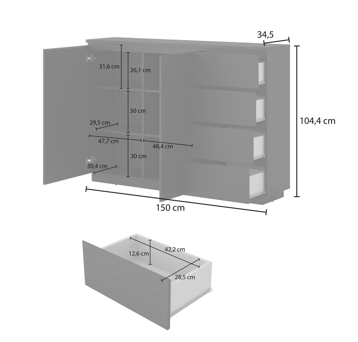 HIGHBOARD Bilbao 150/104,5/34,5 cm 4 Schublade(n)  - Schwarz, Design, Holzwerkstoff (150/104,5/34,5cm) - MID.YOU