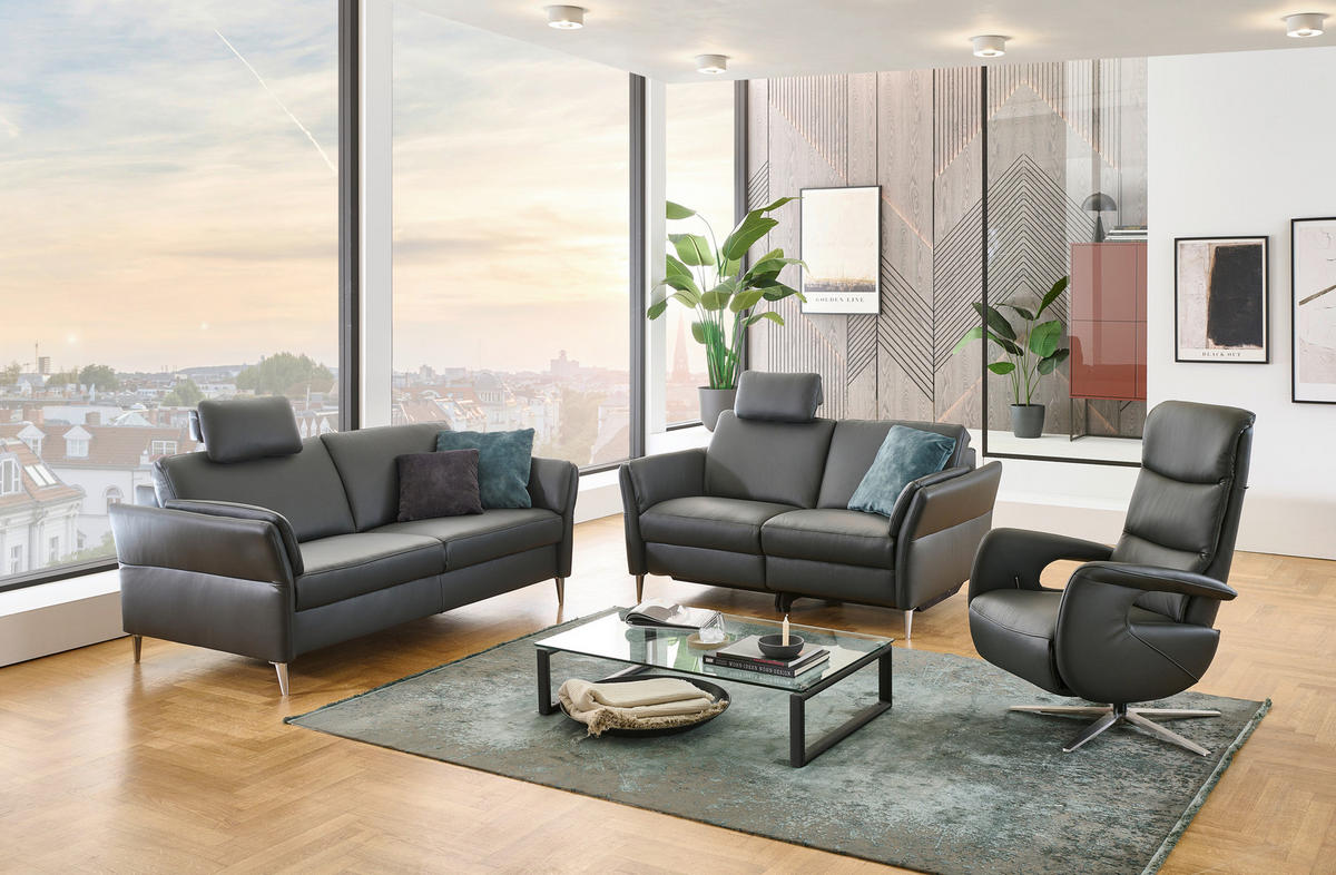 3-SITZER-SOFA Echtleder Anthrazit  - Anthrazit/Alufarben, Konventionell, Leder/Metall (190/84/99cm) - Dieter Knoll