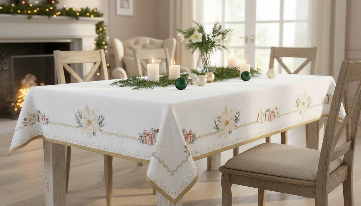 TISCHDECKE White Elegance 180/145 cm  - Champagner/Salbeigrün, Basics, Textil (180/145cm) - POZZI AND EASY LIFE