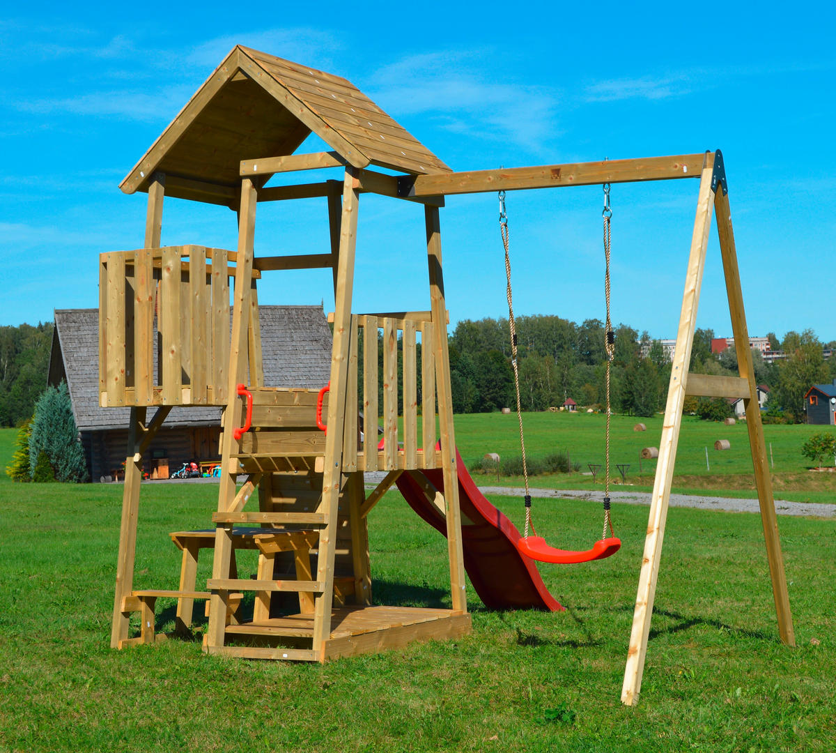 SPIELTURM 270/270/290 cm  - Rot/Naturfarben, KONVENTIONELL, Holz (270/270/290cm) - Ambia Garden