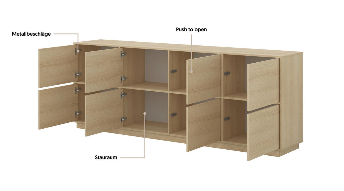 SIDEBOARD Japandi  in 220,5/82,5/41,5 cm  - Eichefarben, Design, Holzwerkstoff (220,5/82,5/41,5cm) - MID.YOU