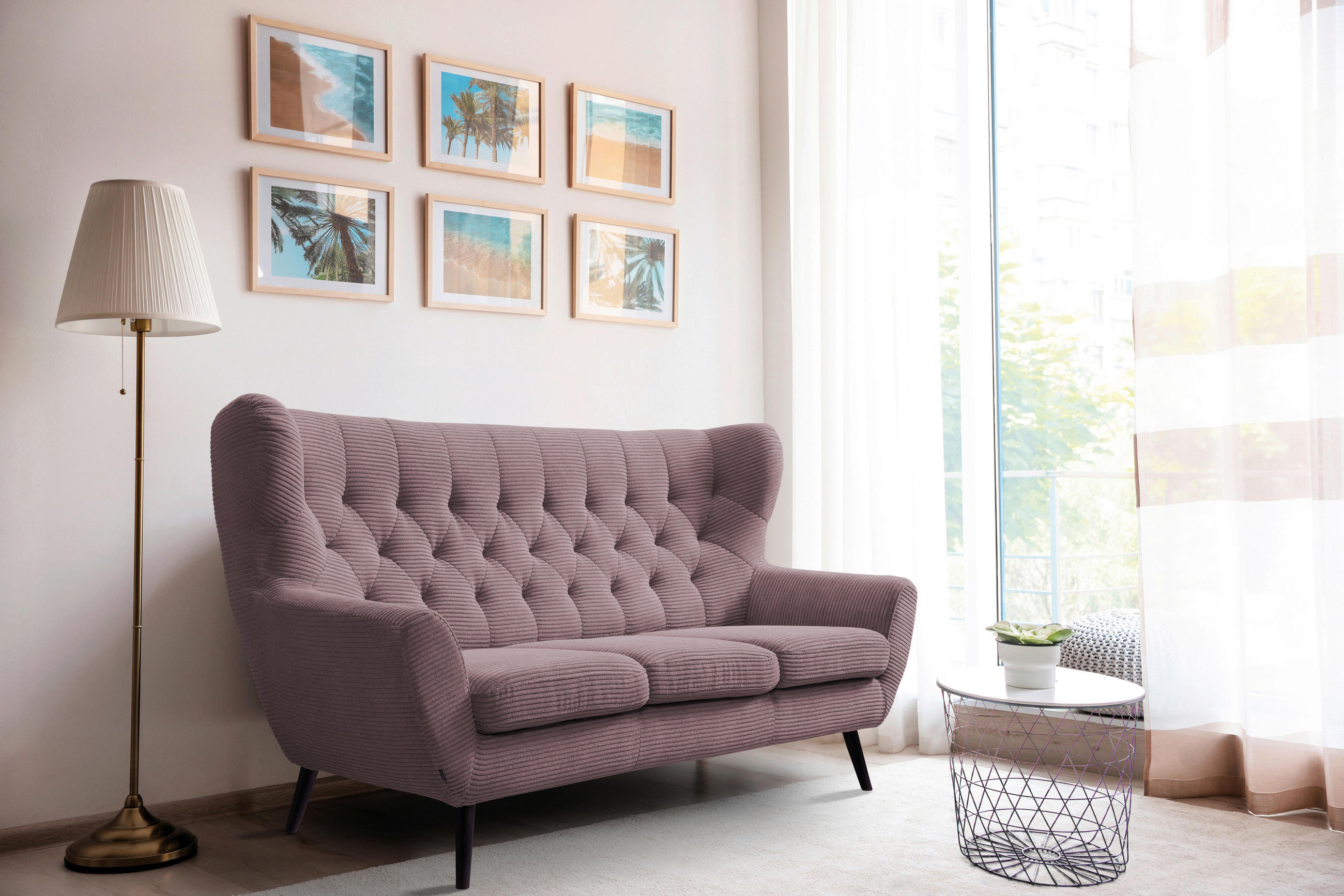 3-SITZER-SOFA Cord Rosa  - Schwarz/Rosa, Design, Holz/Textil (187/101/95cm) - Stylife